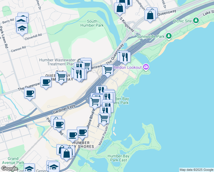 map of restaurants, bars, coffee shops, grocery stores, and more near in Toronto