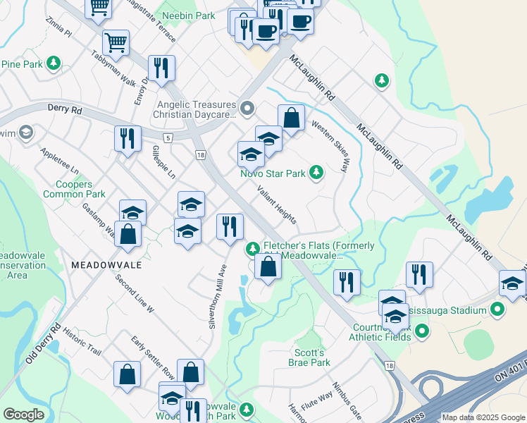 map of restaurants, bars, coffee shops, grocery stores, and more near 6547 Song Bird Crescent in Mississauga