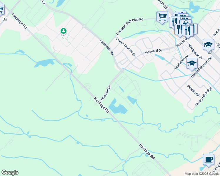 map of restaurants, bars, coffee shops, grocery stores, and more near 52 Brushwood Drive in Brampton