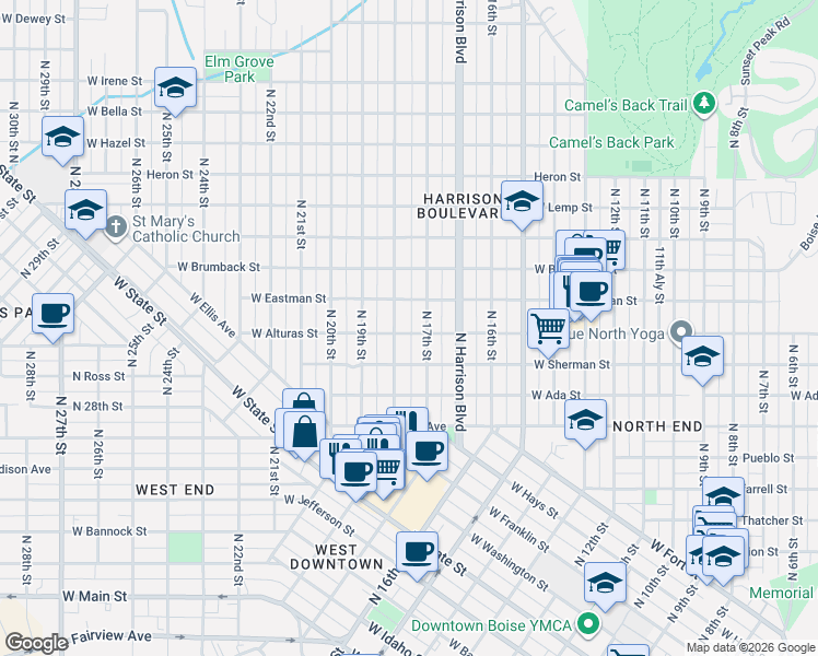 map of restaurants, bars, coffee shops, grocery stores, and more near 1714 West Alturas Street in Boise