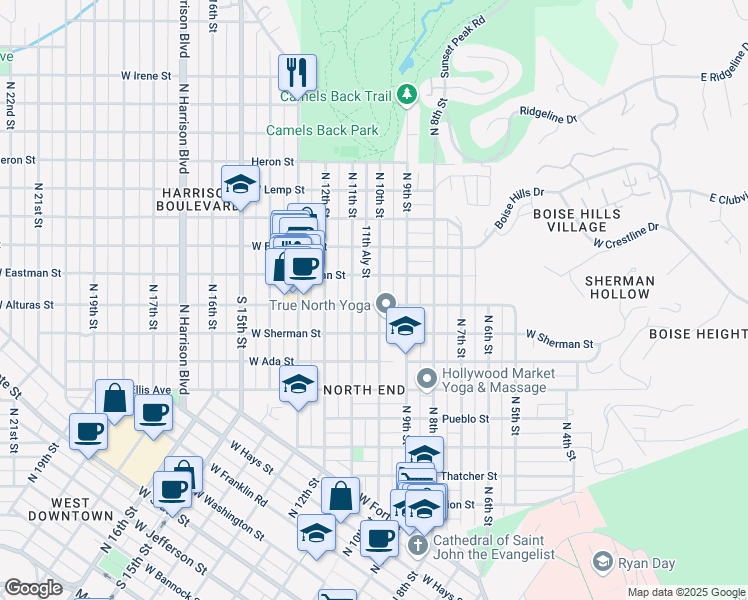 map of restaurants, bars, coffee shops, grocery stores, and more near 1601 North 10th Street in Boise