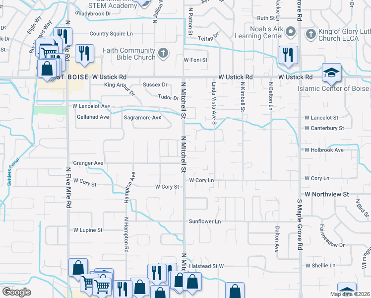 map of restaurants, bars, coffee shops, grocery stores, and more near 2650 North Mitchell Street in Boise