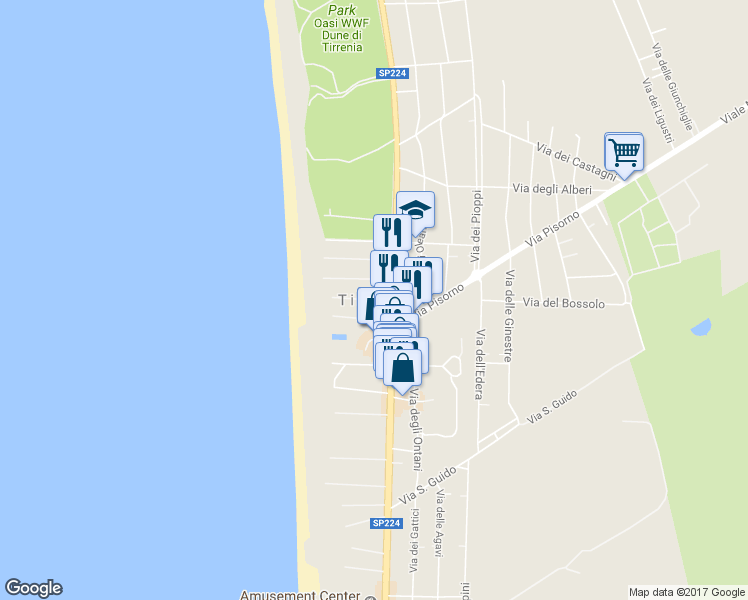 map of restaurants, bars, coffee shops, grocery stores, and more near 20 Viale del Tirreno in Marina di Pisa-tirrenia-calambr