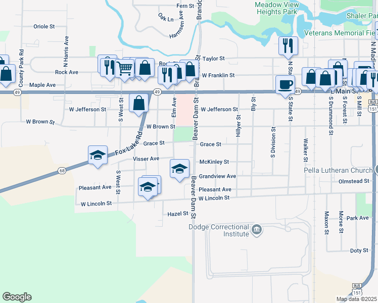 map of restaurants, bars, coffee shops, grocery stores, and more near 314 Beaver Dam Street in Waupun