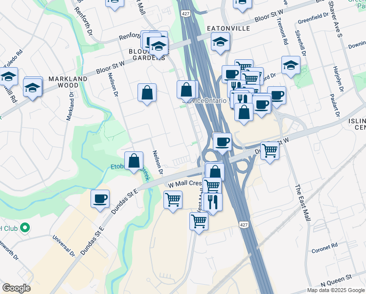 map of restaurants, bars, coffee shops, grocery stores, and more near in Toronto