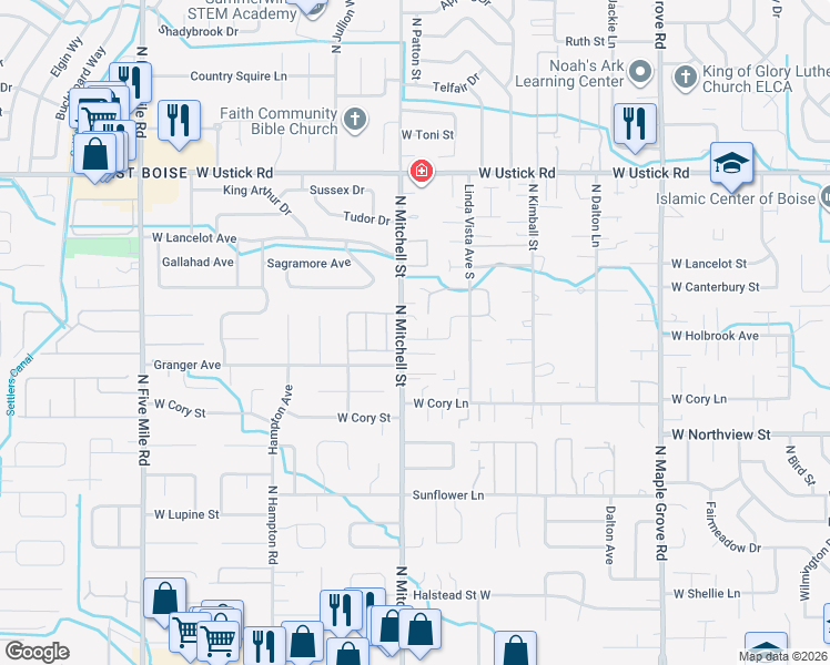 map of restaurants, bars, coffee shops, grocery stores, and more near 9718 West Macaw Street in Boise