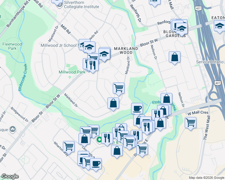 map of restaurants, bars, coffee shops, grocery stores, and more near 12 Conifer Drive in Toronto