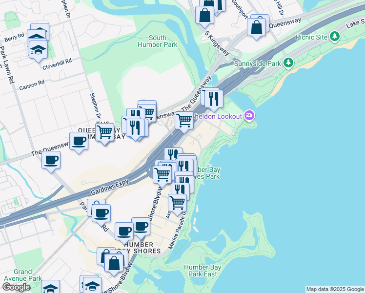 map of restaurants, bars, coffee shops, grocery stores, and more near 2087 Lake Shore Boulevard West in Toronto