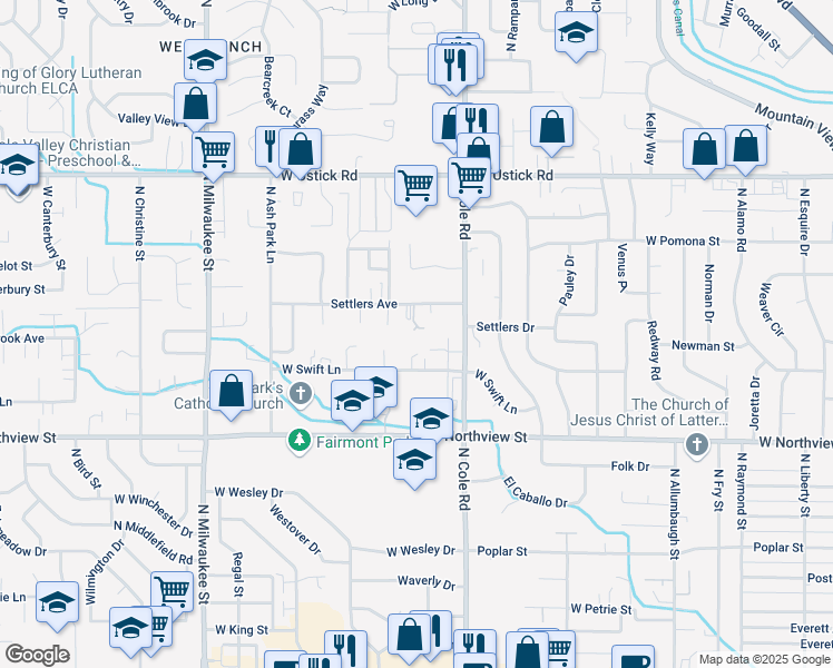 map of restaurants, bars, coffee shops, grocery stores, and more near 7479 West Holbrook Lane in Boise