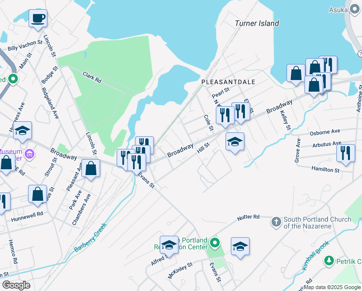map of restaurants, bars, coffee shops, grocery stores, and more near 1024 Broadway in South Portland