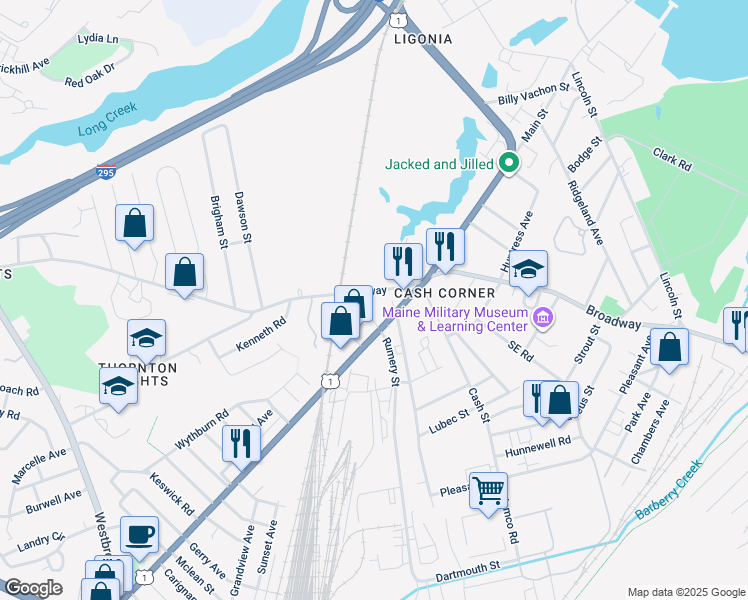 map of restaurants, bars, coffee shops, grocery stores, and more near 9 Rosetti Avenue in South Portland