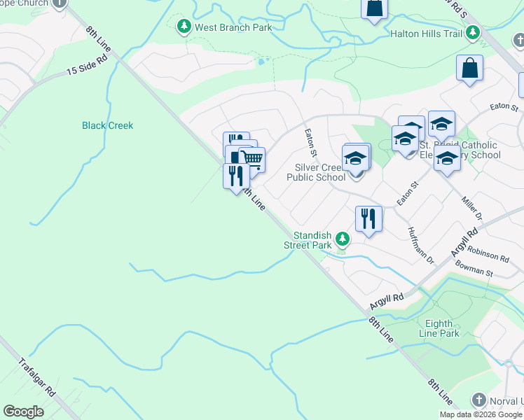 map of restaurants, bars, coffee shops, grocery stores, and more near 10588 8th Line in Halton Hills