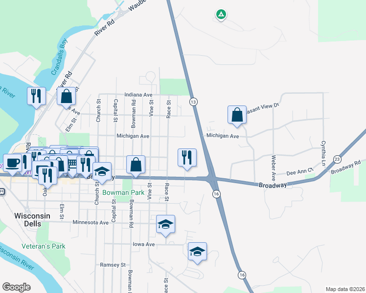 map of restaurants, bars, coffee shops, grocery stores, and more near 920 Race Street in Wisconsin Dells