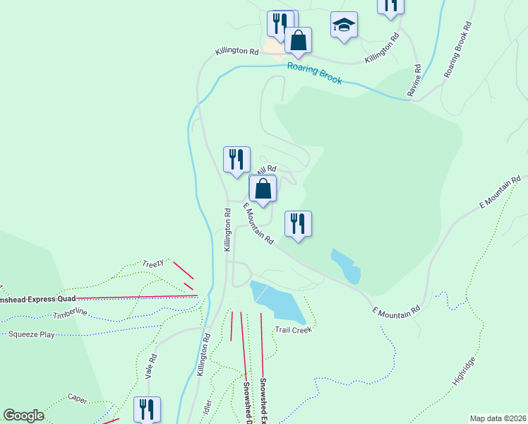 map of restaurants, bars, coffee shops, grocery stores, and more near 139 East Mountain Road in Killington