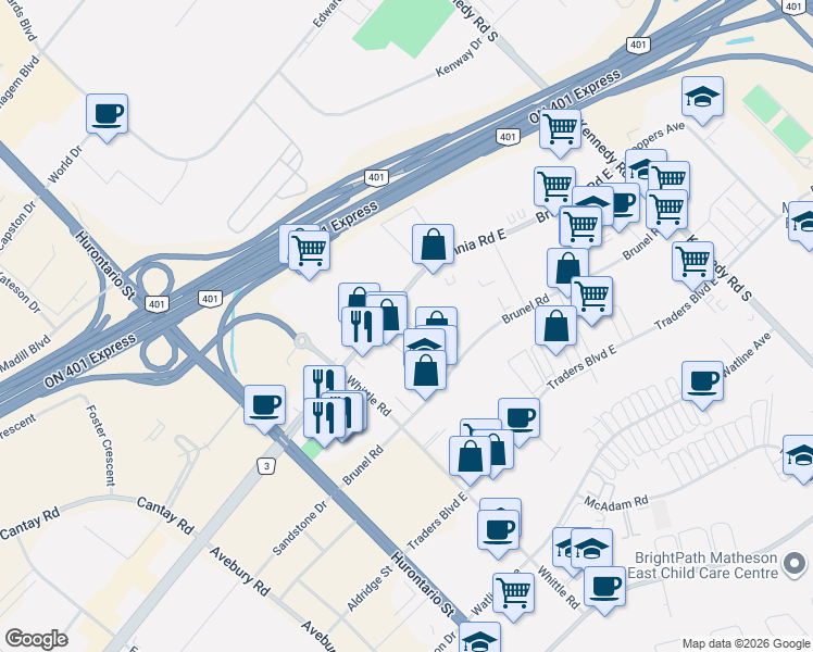 map of restaurants, bars, coffee shops, grocery stores, and more near 190 Britannia Road East in Mississauga