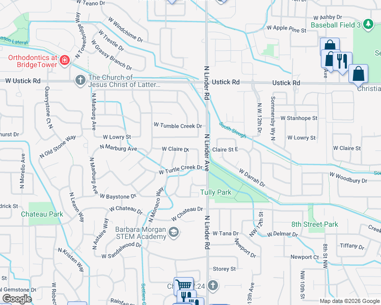map of restaurants, bars, coffee shops, grocery stores, and more near 2688 North Springtime Avenue in Meridian