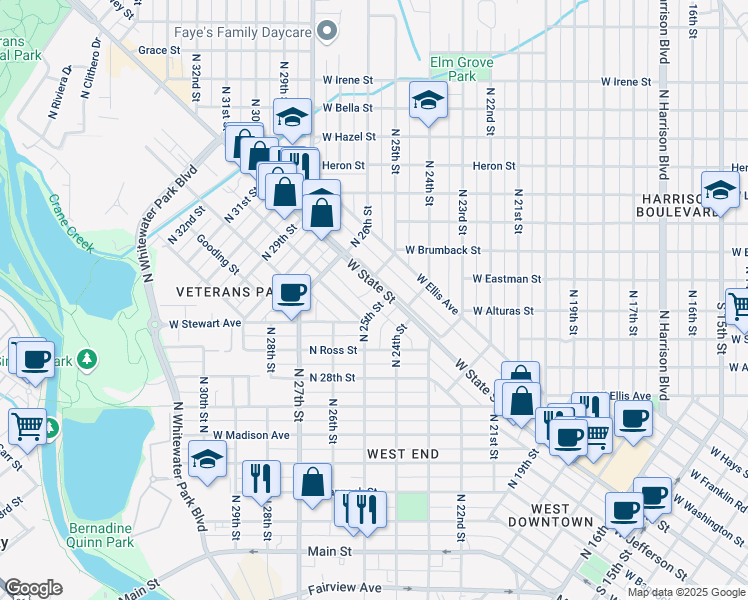 map of restaurants, bars, coffee shops, grocery stores, and more near 2411 West State Street in Boise
