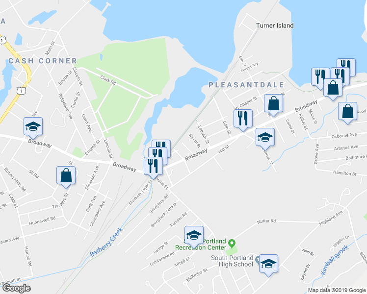 map of restaurants, bars, coffee shops, grocery stores, and more near 1045 Broadway in South Portland