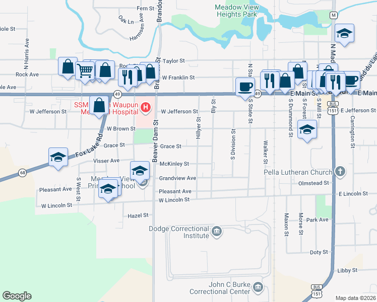 map of restaurants, bars, coffee shops, grocery stores, and more near 402 McKinley Street in Waupun