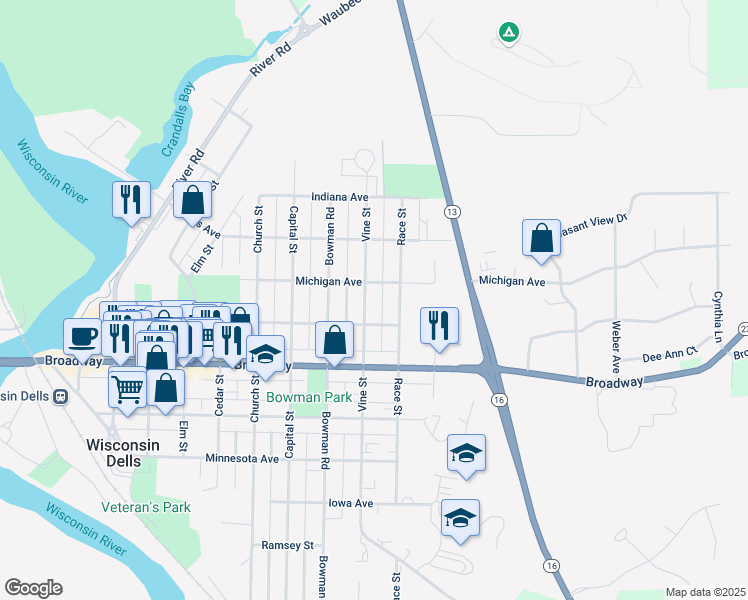 map of restaurants, bars, coffee shops, grocery stores, and more near 902 Vine Street in Wisconsin Dells