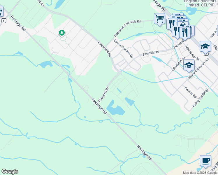 map of restaurants, bars, coffee shops, grocery stores, and more near 8686 Financial Drive in Brampton