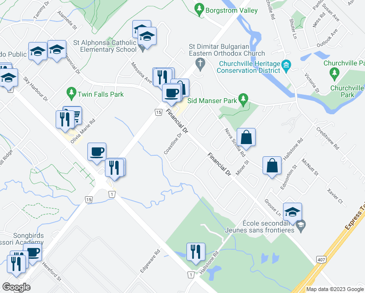 map of restaurants, bars, coffee shops, grocery stores, and more near 18 Mediterranean Crescent in Brampton