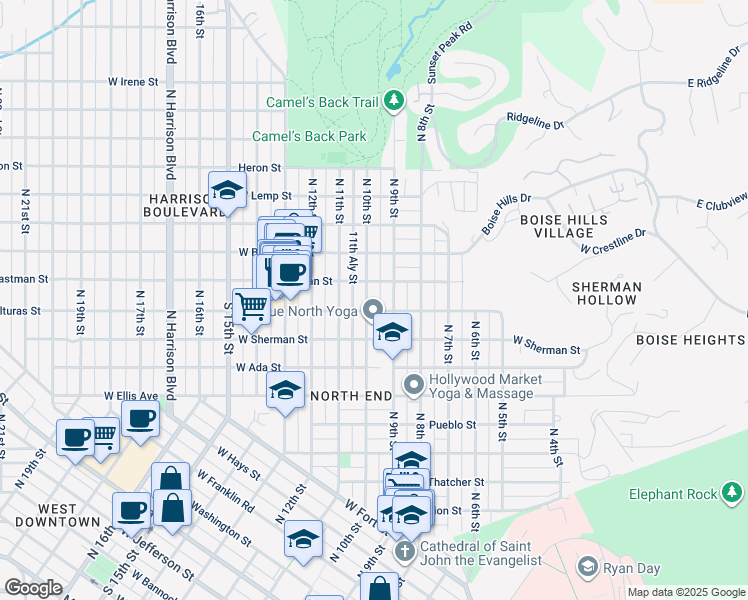 map of restaurants, bars, coffee shops, grocery stores, and more near 1615 North 9th Street in Boise