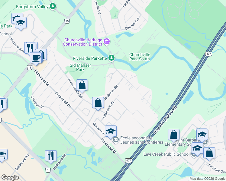 map of restaurants, bars, coffee shops, grocery stores, and more near 1593 Hallstone Road in Brampton