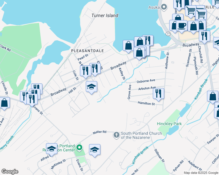map of restaurants, bars, coffee shops, grocery stores, and more near 271 Elm Street in South Portland