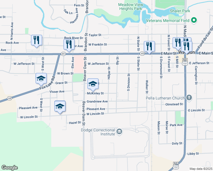 map of restaurants, bars, coffee shops, grocery stores, and more near 402 McKinley Street in Waupun