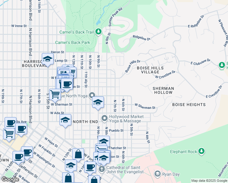 map of restaurants, bars, coffee shops, grocery stores, and more near 1620 North 7th Street in Boise