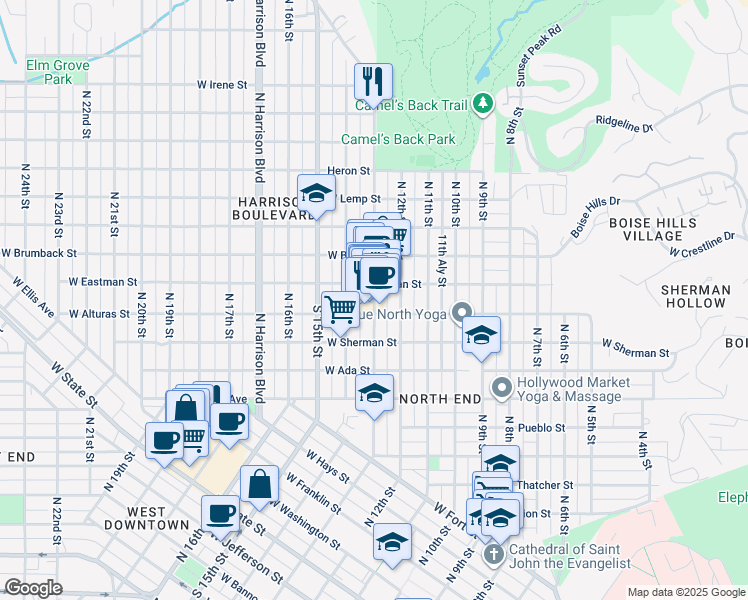 map of restaurants, bars, coffee shops, grocery stores, and more near 1415 North 13th Street in Boise