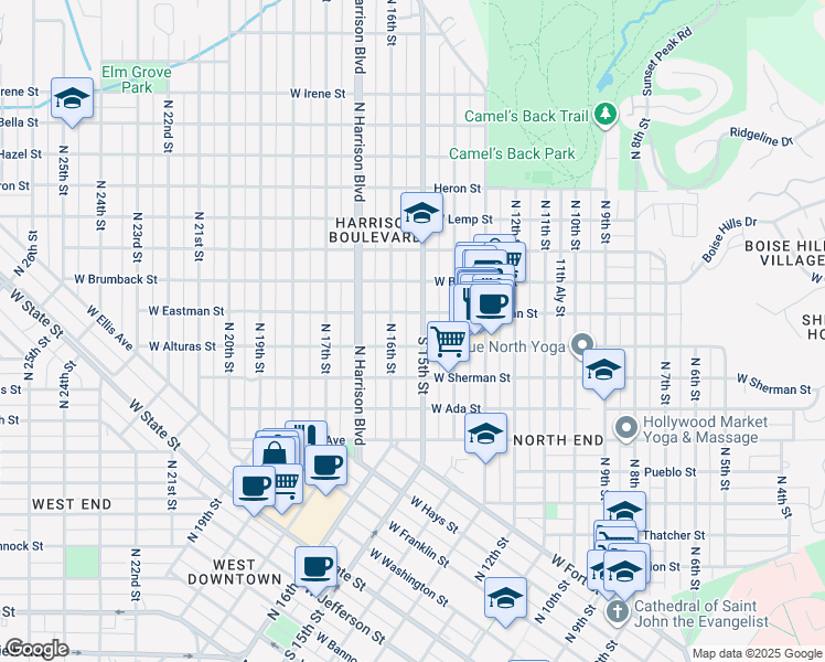 map of restaurants, bars, coffee shops, grocery stores, and more near 1515 West Alturas Street in Boise