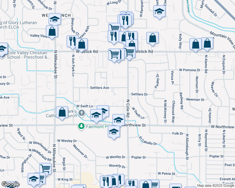 map of restaurants, bars, coffee shops, grocery stores, and more near 7479 West Holbrook Lane in Boise