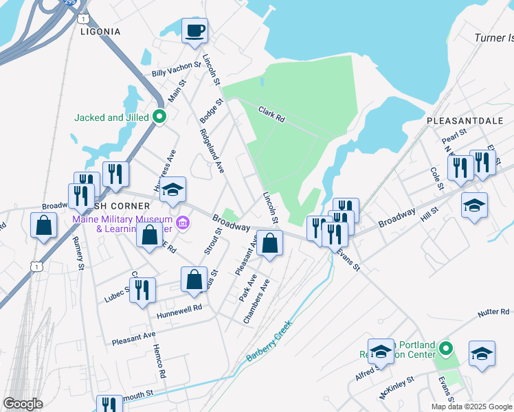 map of restaurants, bars, coffee shops, grocery stores, and more near 1215 Broadway in South Portland