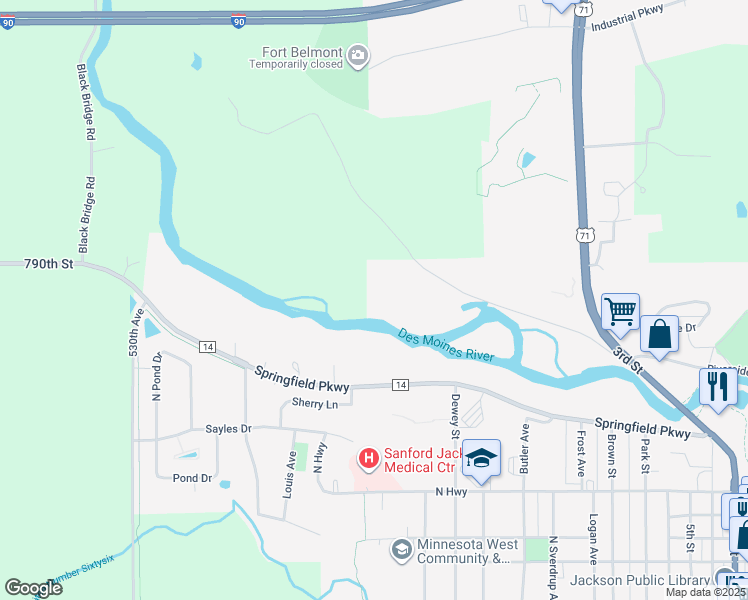 map of restaurants, bars, coffee shops, grocery stores, and more near 1358 Springfield Parkway in Jackson
