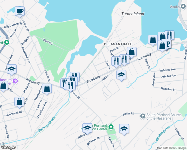 map of restaurants, bars, coffee shops, grocery stores, and more near 1024 Broadway in South Portland