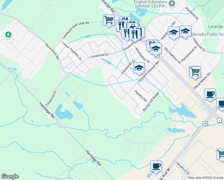 map of restaurants, bars, coffee shops, grocery stores, and more near 84 Little Britain Crescent in Brampton