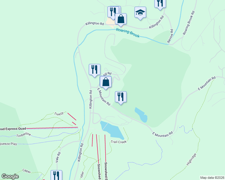 map of restaurants, bars, coffee shops, grocery stores, and more near 139 East Mountain Road in Killington