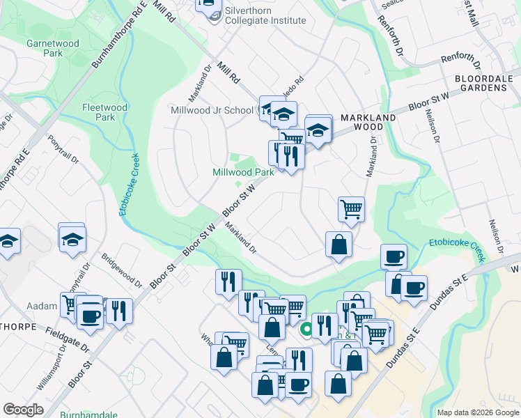 map of restaurants, bars, coffee shops, grocery stores, and more near 42 Broadfield Drive in Toronto