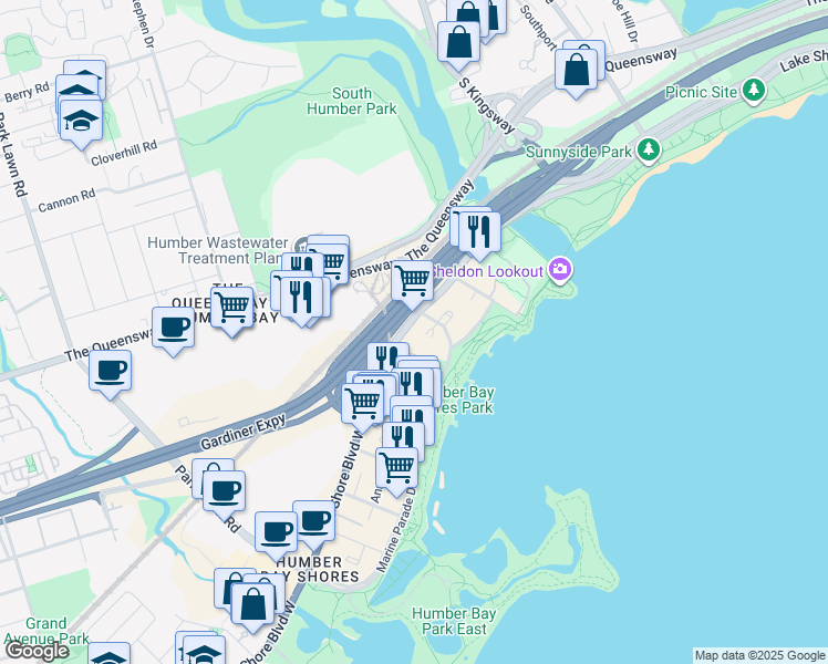 map of restaurants, bars, coffee shops, grocery stores, and more near 2083 Lake Shore Boulevard West in Toronto