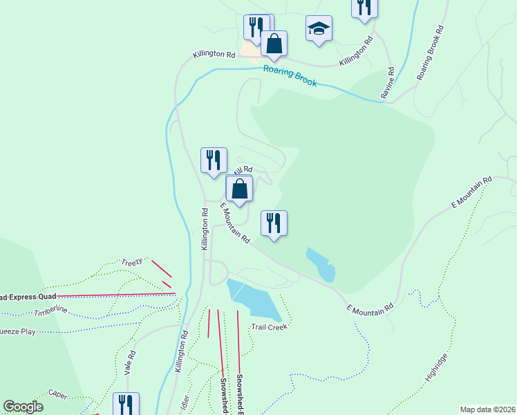 map of restaurants, bars, coffee shops, grocery stores, and more near 139 East Mountain Road in Killington