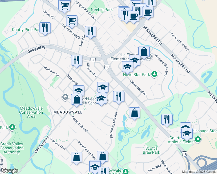map of restaurants, bars, coffee shops, grocery stores, and more near 6930 Elliott Parliament Street in Mississauga