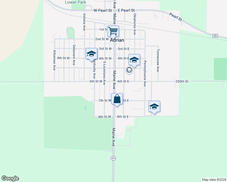 map of restaurants, bars, coffee shops, grocery stores, and more near 108 7th Street West in Adrian