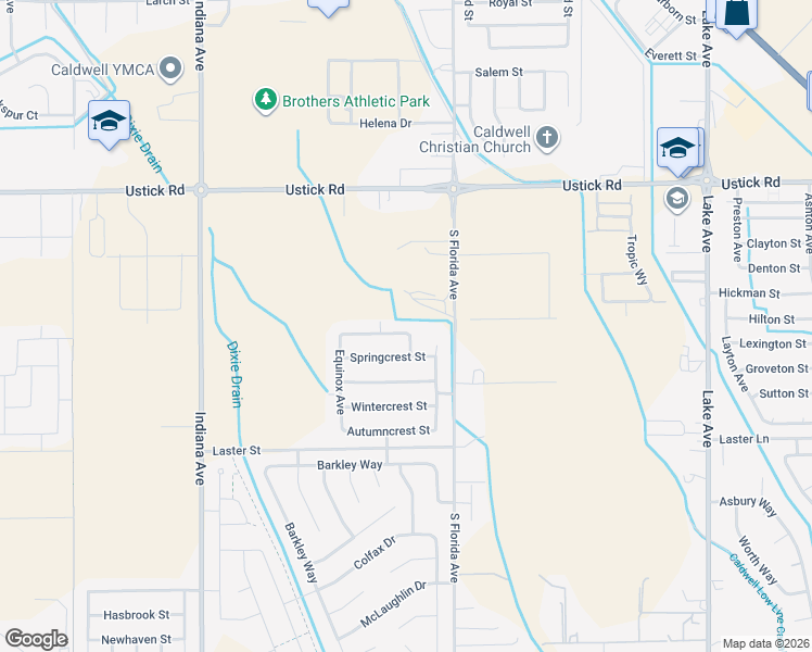 map of restaurants, bars, coffee shops, grocery stores, and more near 2623 Springcrest Street in Caldwell