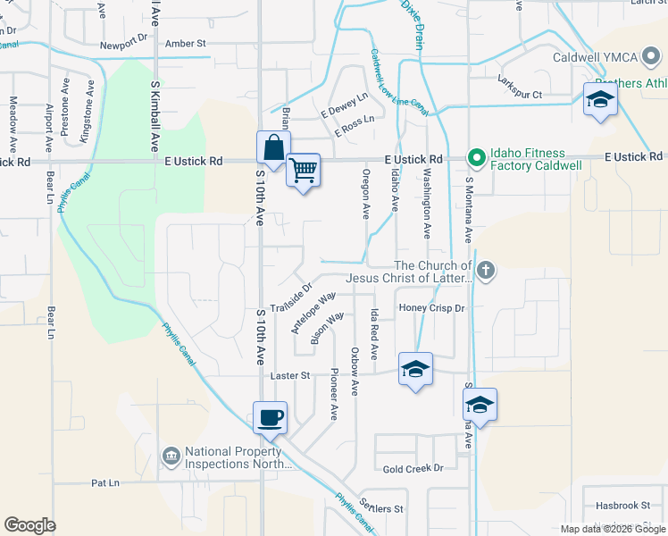 map of restaurants, bars, coffee shops, grocery stores, and more near 723 Antelope Way in Caldwell