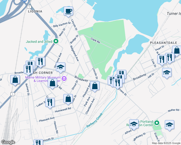 map of restaurants, bars, coffee shops, grocery stores, and more near 1215 Broadway in South Portland