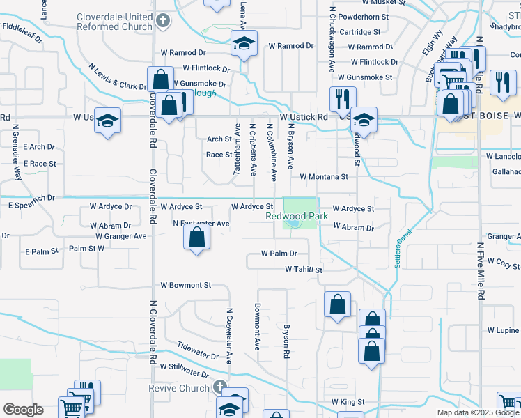 map of restaurants, bars, coffee shops, grocery stores, and more near 11673 West Ardyce Street in Boise