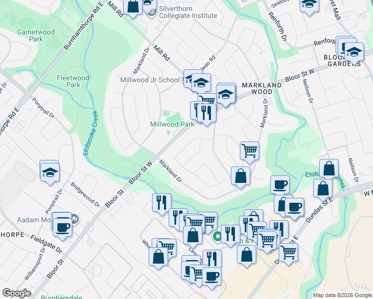 map of restaurants, bars, coffee shops, grocery stores, and more near 42 Broadfield Drive in Toronto