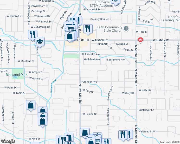 map of restaurants, bars, coffee shops, grocery stores, and more near 10515 Excalibur Avenue in Boise